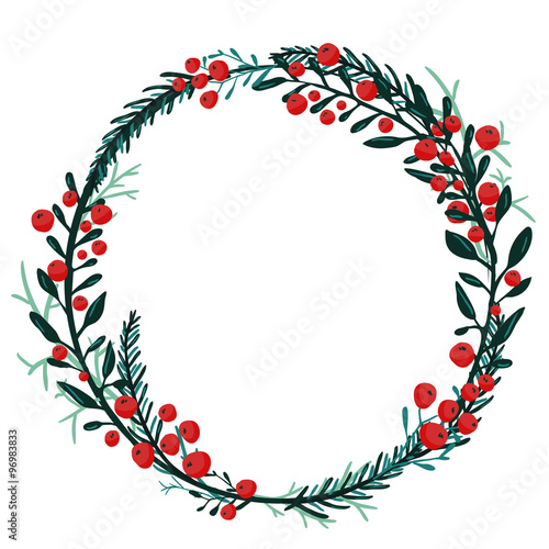 Hand drawn wreath with red berries and fir branches. Round frame for Christmas cards and winter design. Vector layout with copyspace