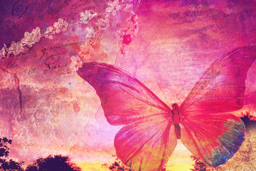 Fototapete Schmetterlinge im Grunge Rosa Schmetterling Alte Postkarte Vintage  © pampuch