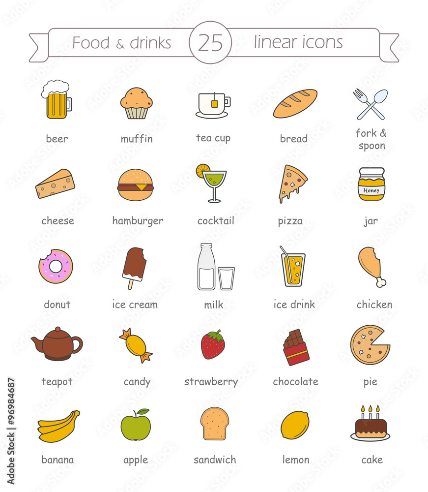 Food and drinks, nutrition color icons set