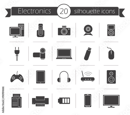 Consumer electronics black silhouette icons set