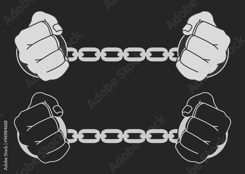 Hands in strained steel handcuffs. Dark vector illustration