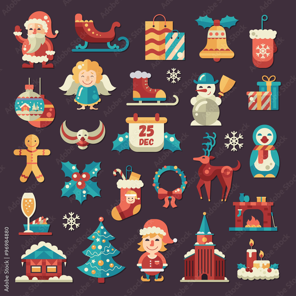 Set of Christmas and Happy New Year flat design icons Set of Christmas and Happy New Year flat design icons