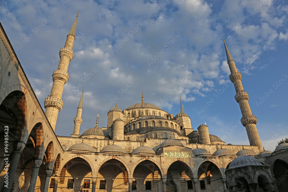 The Blue Mosque, shot from the courtyard.  Located in Istanbul, Turkey.  It was completed in 1616 by Sultan Ahmed I..
