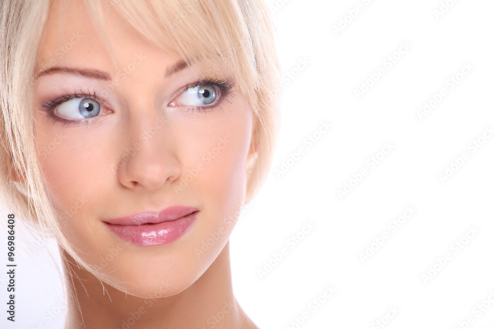 Close up portrait of beautiful young woman face. Isolated on white background Close up portrait of beautiful young woman face. Isolated on white background