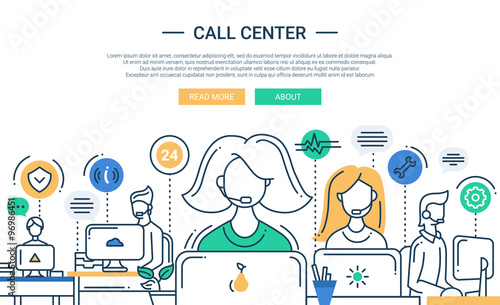 Illustration of modern line flat design composition, infographics elements with call center support team and its workplace. Header, banner for your website