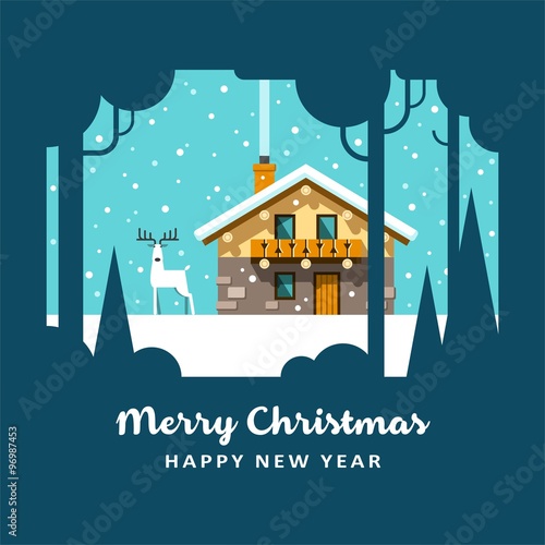 House in winter forest. Christmas card background poster. Vector illustration.