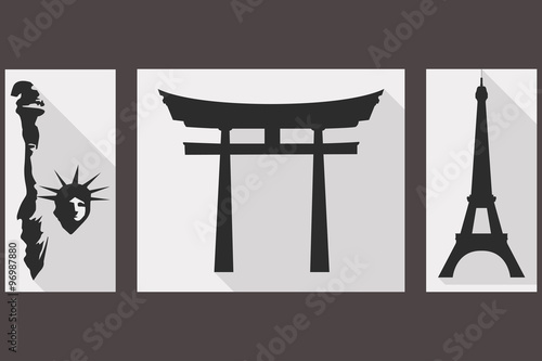 The Statue of Liberty. Japan Gate. Eiffel Tower. Sights of diffe