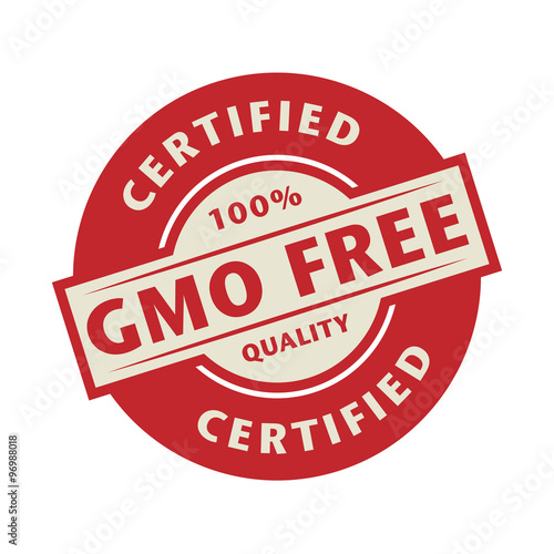 Stamp or label with the text GMO Free, Certified