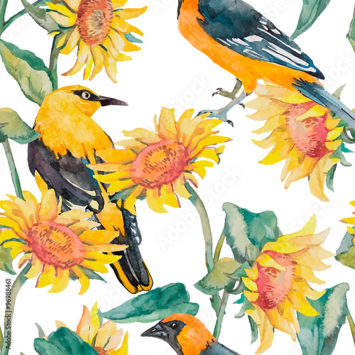 Sunflowers and oriole pattern watercolor.