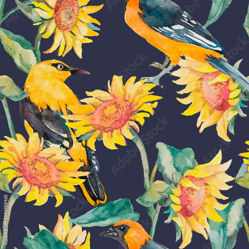 Sunflowers and oriole pattern watercolor.