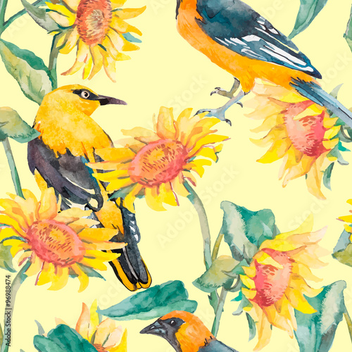 Sunflowers and oriole pattern watercolor.