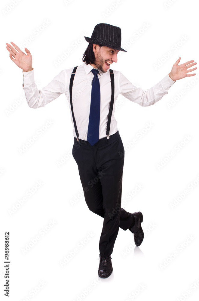 Man wearing hat and suspenders isolated on white Man wearing hat and suspenders isolated on white