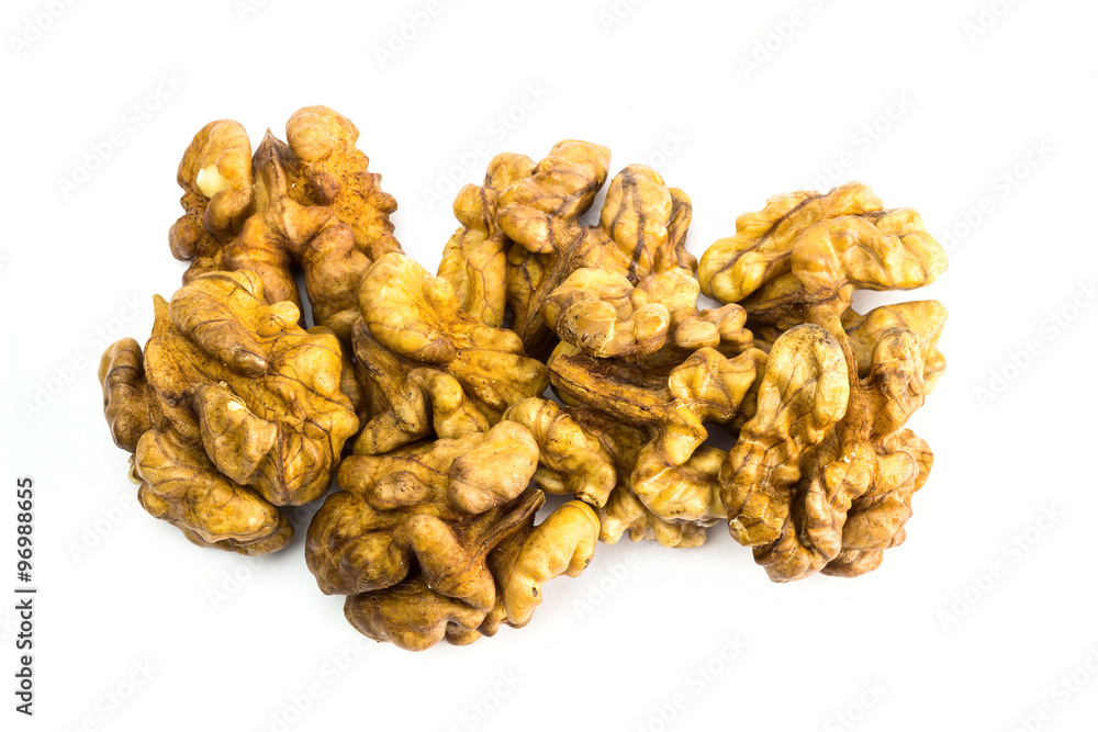 Walnuts isolated on white background, top view Walnuts isolated on white background, top view