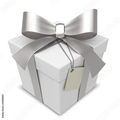 Vector Gift Box. Classic White Gift Box with Silver Ribbons. Blank Label for Copy Space.