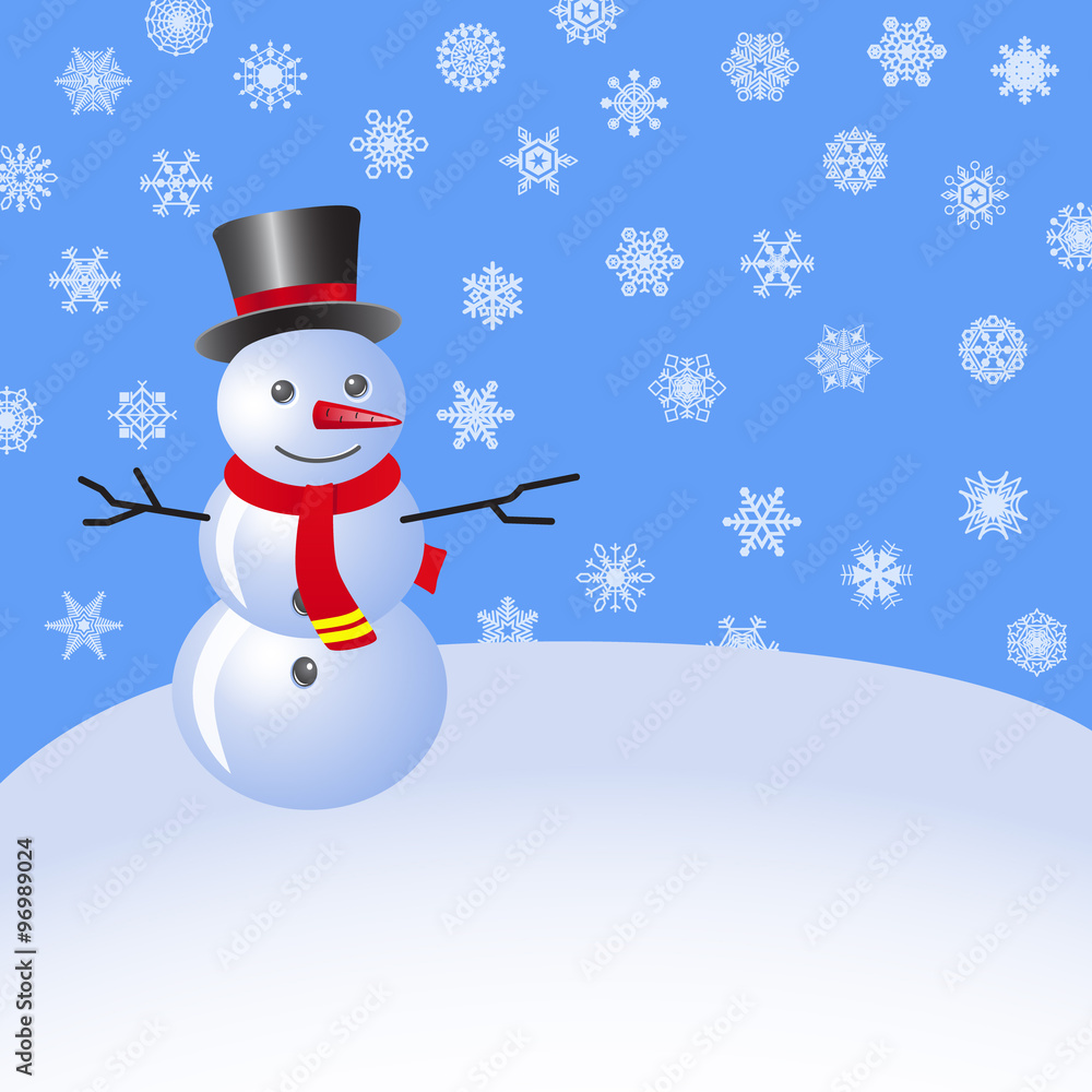 Snowman in the snow against the blue sky with snowflakes. Vector.