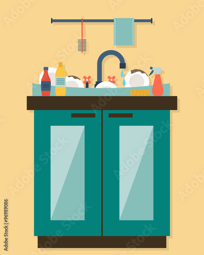 Kitchen sink with kitchenware