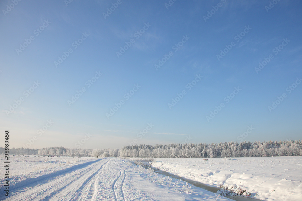 Snow-bound field along the country road on a clear day