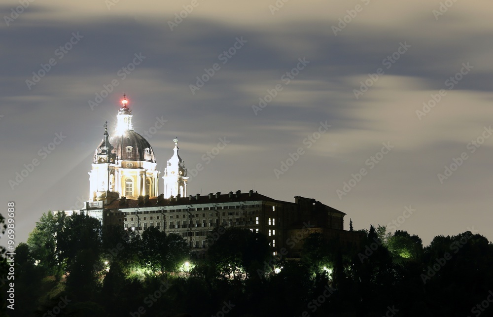 SUPERGA Cathedral near the city of Turin in Italy by night