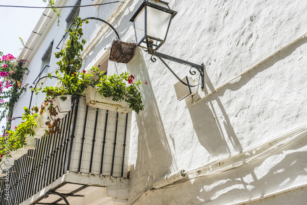 balcony, white architecture tourist streets in Marbella, Andaluc