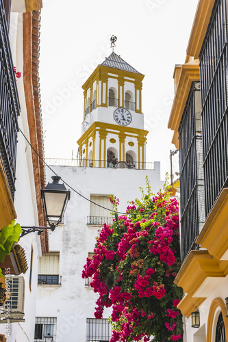 architecture and streets of white flowers in Marbella Andalucia photo