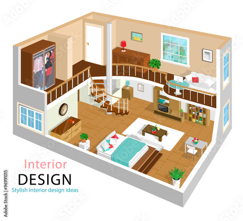 A vector illustration of a modern detailed isometric apartment interior design. 3d Isometric room interiors. Two story house with stairway.