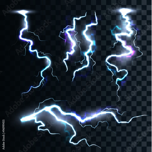 Set isolated realistic lightnings with transparency for design