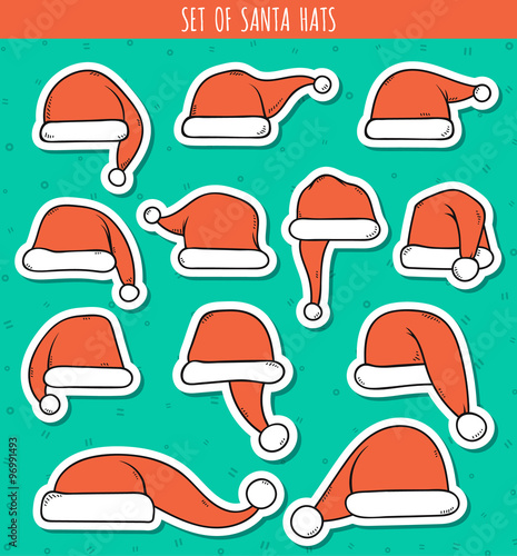 Set of 12 red doodle hats sticker Santa Claus