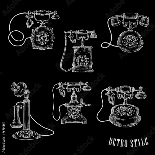 Vintage rotary dial telephone sketch icons