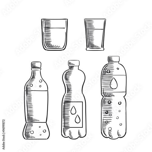 Soda, glasses and mineral water bottles sketch