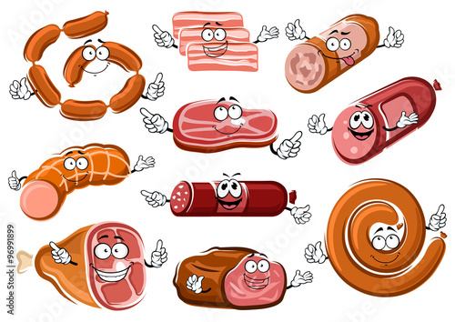 Cartoon sausages, bacon, steak and roast beef