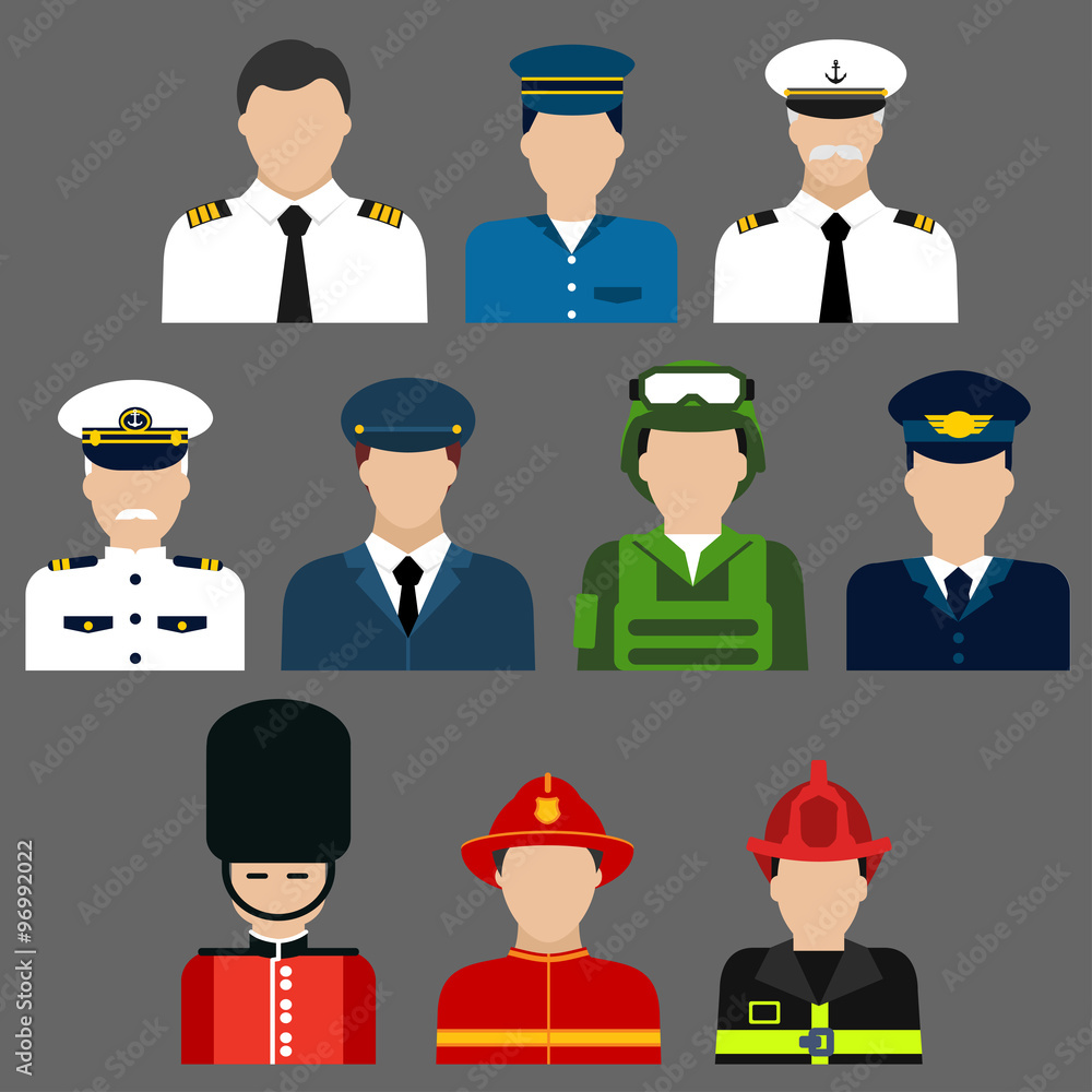 Firefighter, soldier, pilot and captains avatars Firefighter, soldier, pilot and captains avatars