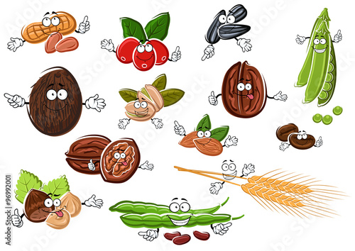 Cartoon nuts, beans, seeds and wheat