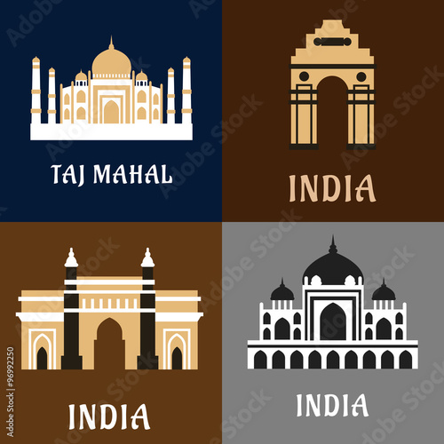 Indian historical and landmark flat icons
