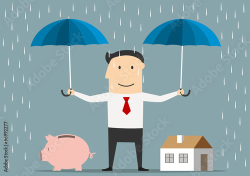 Businessman holds umbrellas over house and piggy bank