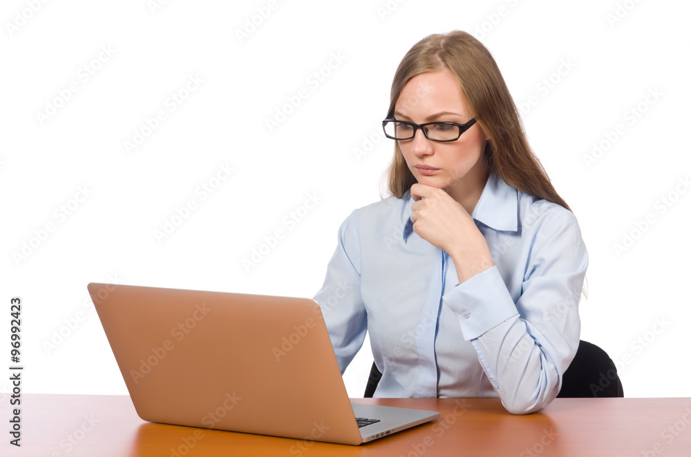 Office employee at work table with laptop isolated on white Office employee at work table with laptop isolated on white