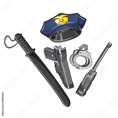 Police cap, baton, handcuffs, walkie-talkie