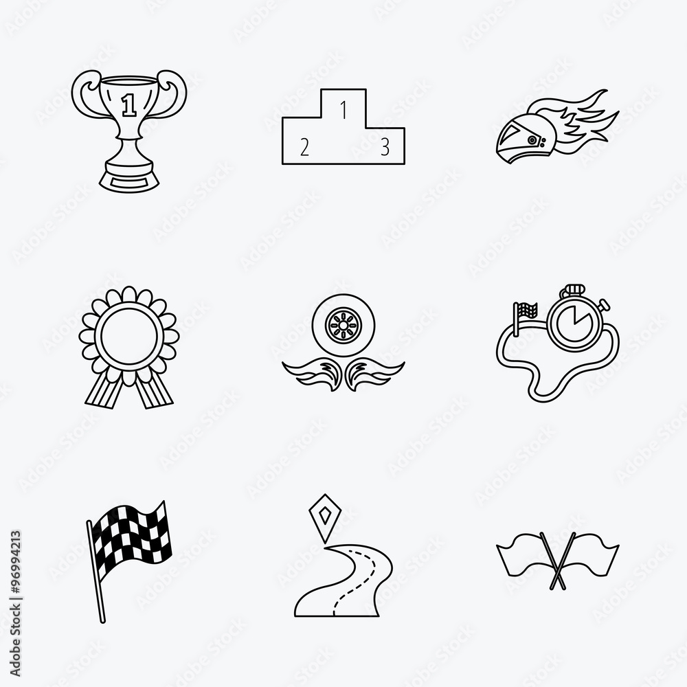 Fototapeta premium Winner cup and award icons. Race flag signs.