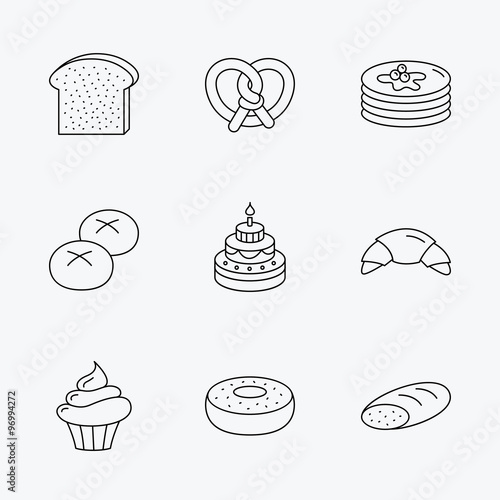 Croissant, pretzel and bread icons. Cupcake.