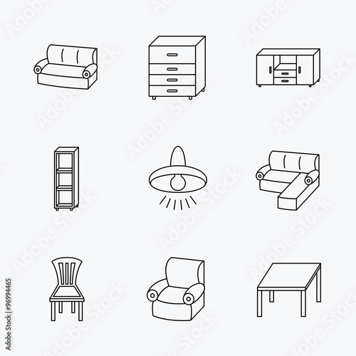 Corner sofa, table and armchair icons.