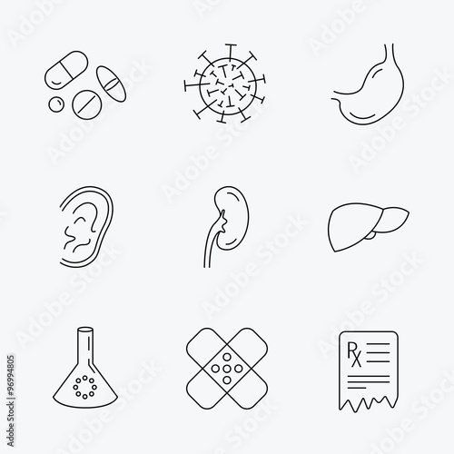 Pills, medical plaster and prescription icons.