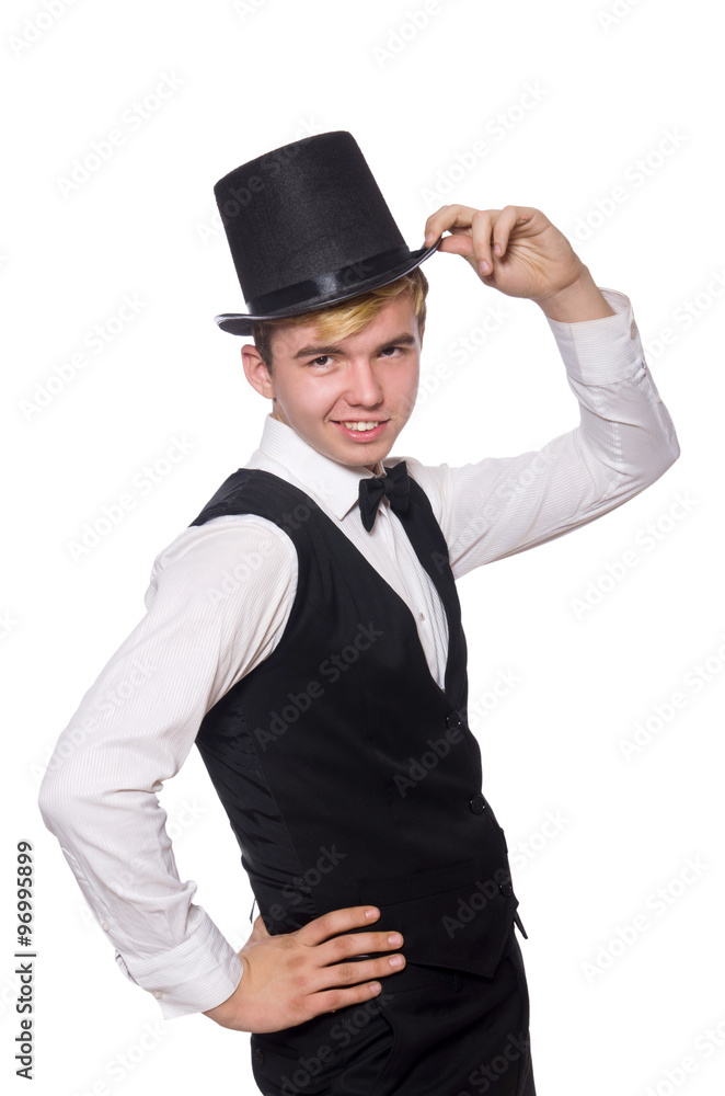 Young man in black classic vest isolated on white Young man in black classic vest isolated on white