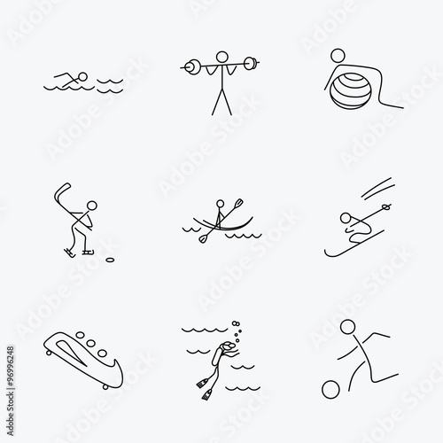 Swimming, football and skiing icons. Ice hockey.