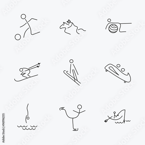 Pilates, football and skiing icons. Fishing.