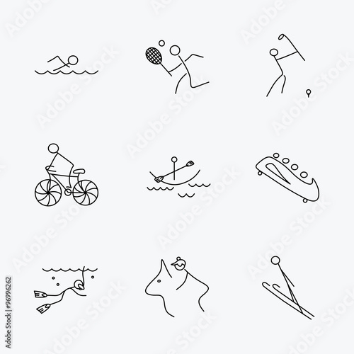 Swimming, tennis and golf icons. Biking, diving.