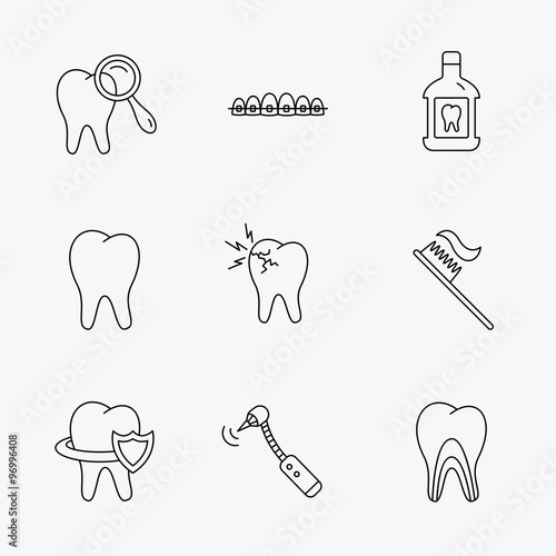 Tooth, dental braces and mouthwash icons.