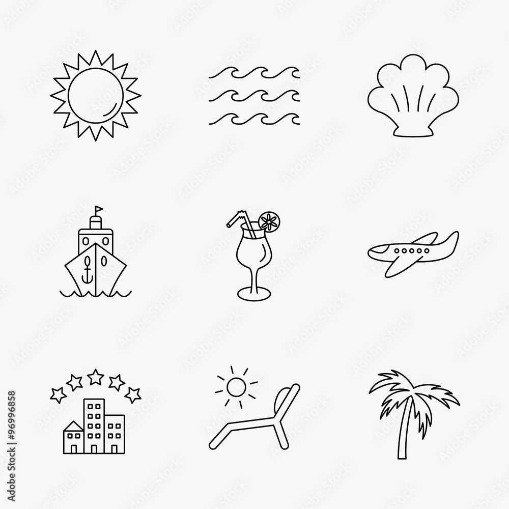 Fototapeta premium Cruise, waves and cocktail icons. Hotel sign.