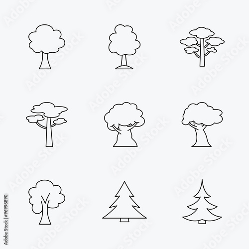 Pine tree, maple and oak icons. Christmas tree.
