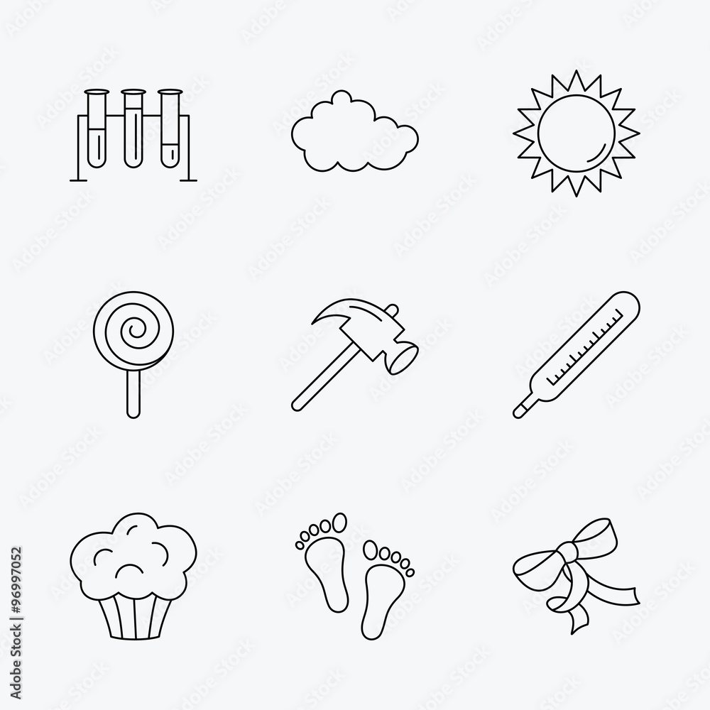 Footprint, lab bulbs and thermometer icons. Footprint, lab bulbs and thermometer icons.