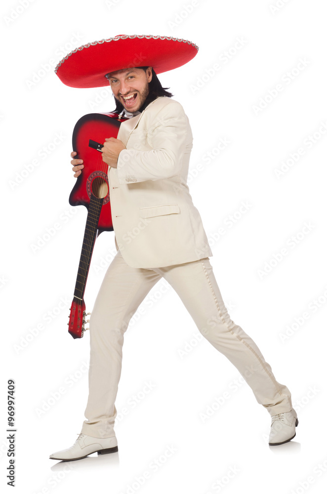 Funny mexican in suit holding guitar isolated on white Funny mexican in suit holding guitar isolated on white