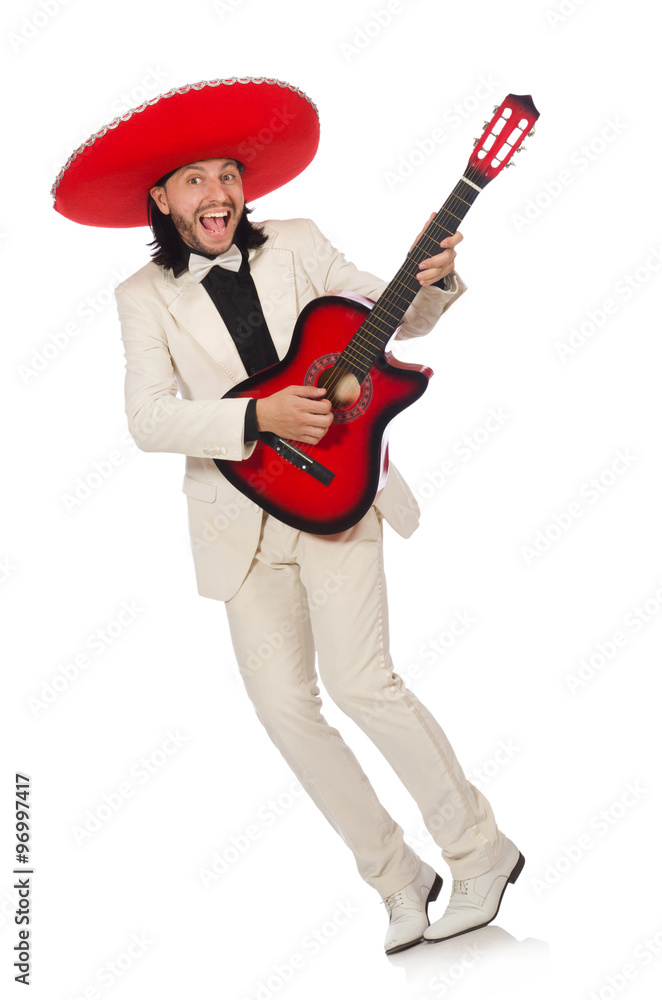 Funny mexican in suit holding guitar isolated on white Funny mexican in suit holding guitar isolated on white